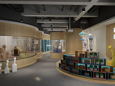 Kid Friendly Children's Toy Store in Mall with Curved Wooden Shelves and Animal Decorations 3d model