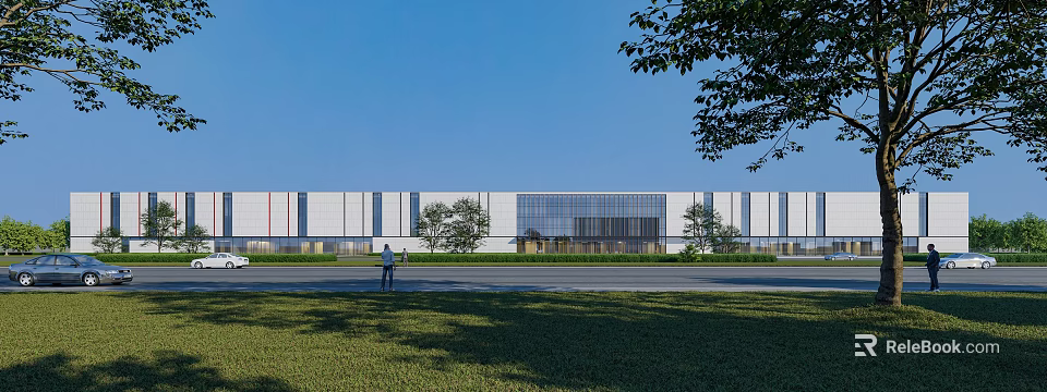 Modern Industrial Factory Building With Large Glass Windows Green Lawn And Trees Under Blue Sky 3d model 