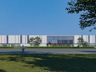 Modern Industrial Factory Building With Large Glass Windows Green Lawn And Trees Under Blue Sky 3d model