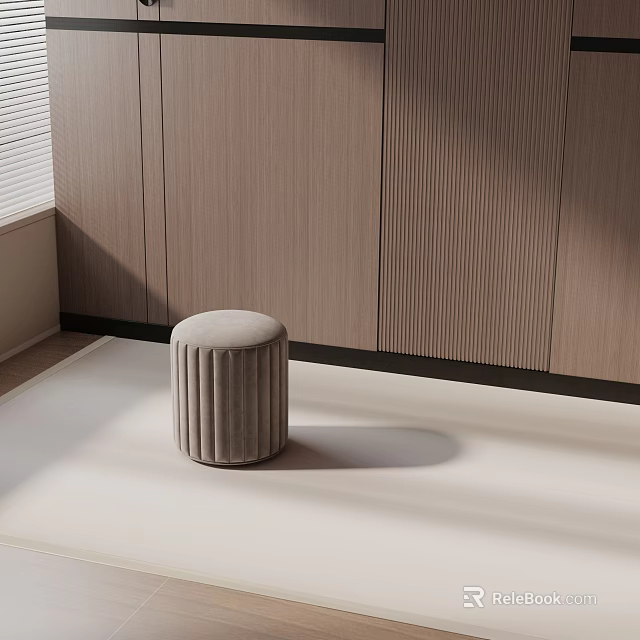 Elegant Round Gray Velvet Side Table with Vertical Stripes on Light-Colored Floor and Wooden Wall 3d model 