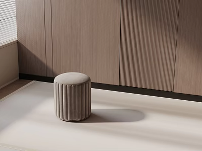Elegant Round Gray Velvet Side Table with Vertical Stripes on Light-Colored Floor and Wooden Wall 3d model