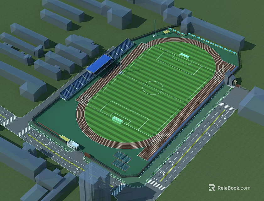 Top View Football Field with Green Grass Red Running Track Blue Stands and Surrounding Buildings 3d model 