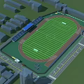 Top View Football Field with Green Grass Red Running Track Blue Stands and Surrounding Buildings