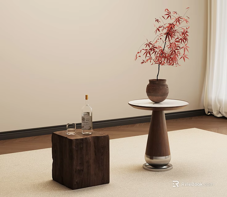 Round Side Table With White Tabletop Wooden Base Red Leaf Vase And Wine Bottle 3d model