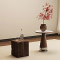 Round Side Table With White Tabletop Wooden Base Red Leaf Vase And Wine Bottle 3d model
