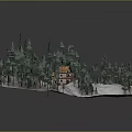 Snowy Winter Forest Scene with Tall Pine Trees and Wooden Cabins