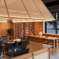 Modern Wooden Cafe Interior With Large Ceiling Light Coffee Machines And Shelves
