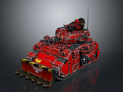 Red Battle Tank With Heavy Armor Tracks Turret Front Plow And Mechanical Details 3d model