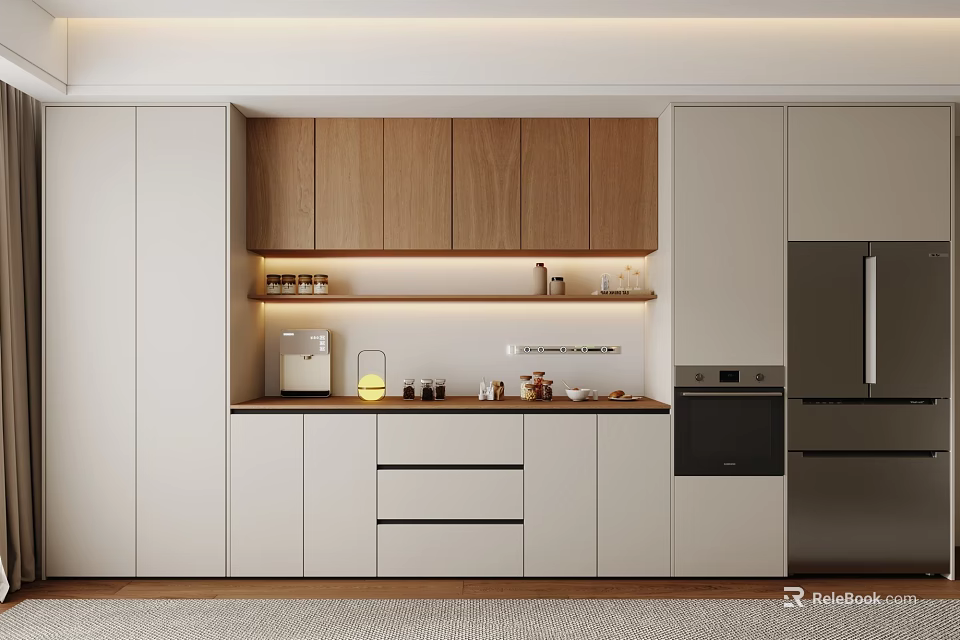 Modern Kitchen Sideboard With Wooden Cabinets Lighting Countertop And Storage 3d model 
