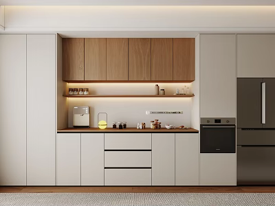 Modern Kitchen Sideboard With Wooden Cabinets Lighting Countertop And Storage 3d model