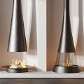 Modern Black Cone Fireplaces With Burning Flames And Slim Vertical Floor Lamp In Interior