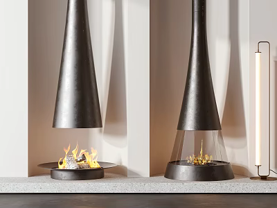 Modern Black Cone Fireplaces With Burning Flames And Slim Vertical Floor Lamp In Interior 3d model