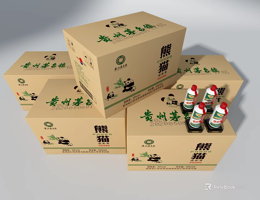 Classic Chinese Liquor Bottles with Panda Design Stacked Packaging Boxes 3d model