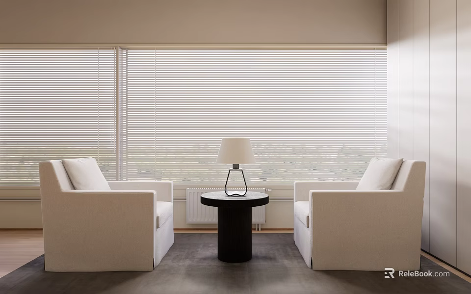 Casual Sofa Set Two White Sofas With Black Round Table Lamp And Large Windows Blinds 3d model