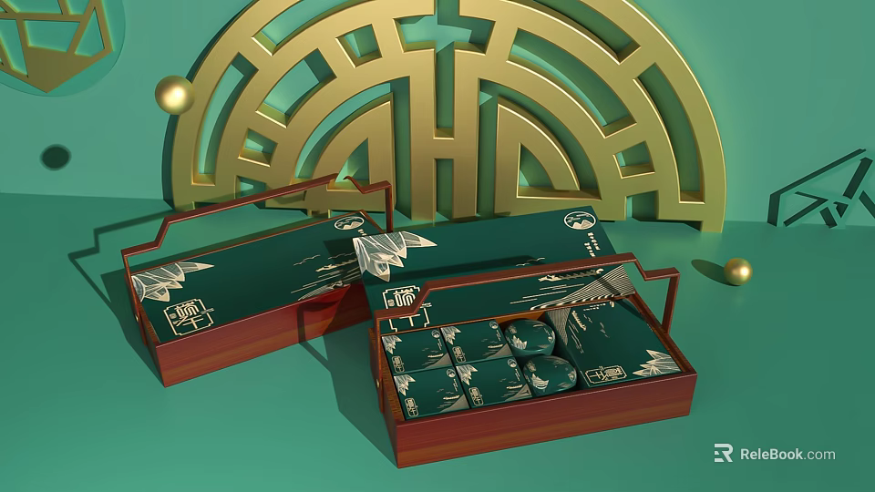 Ornament Decoration Set With Gold Geometric Design And Open Green Brown Boxes 3d model 