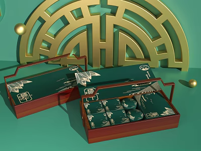 Ornament Decoration Set With Gold Geometric Design And Open Green Brown Boxes 3d model