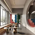 Modern Restaurant Interior With Rattan Pendant Lights White Tables Black Chairs Round Archway And Staircase