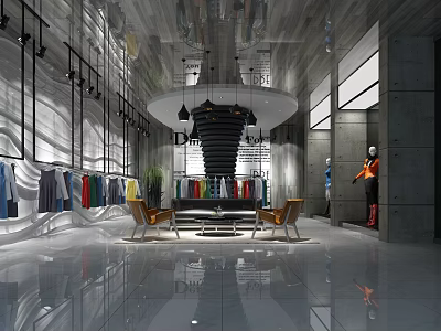 Modern Clothing Store Interior With Clothes Display Racks Seating Area And Mannequins 3d model