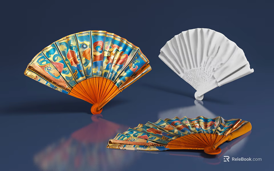 Colorful Traditional Pattern Fans And White Open Design Decorative Fans For Home Use 3d model 