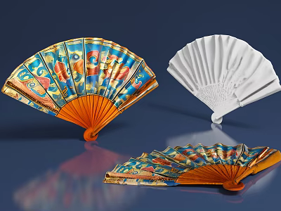 Colorful Traditional Pattern Fans And White Open Design Decorative Fans For Home Use 3d model