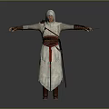 Hooded Assassin Character In White Robe With Red Sash And Sword Arms Outstretched
