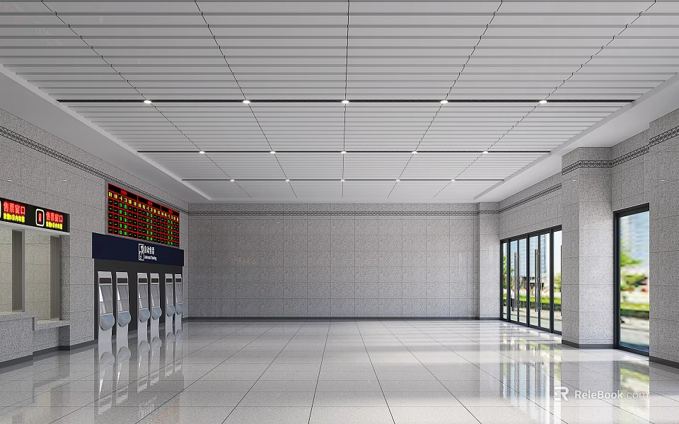 Modern Train Station Waiting Hall With Spacious Bright Interior Display Screen And Automatic Gates 3d model 
