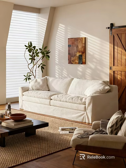 Modern Minimalist Cream Fabric Sofa And Coffee Table Set For Cozy Bright Sunlit Living Room 3d model 