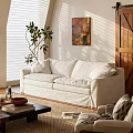 Modern Minimalist Cream Fabric Sofa And Coffee Table Set For Cozy Bright Sunlit Living Room