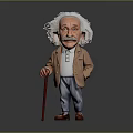Cartoon Einstein Figure With White Hair Mustache Brown Coat Gray Pants And Walking Cane