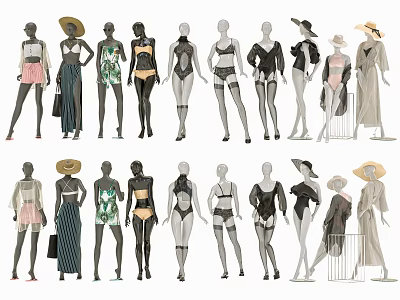 Fashion Models In Diverse Outfits Including Swimwear Dresses Hats And Poses 3d model