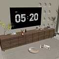 Modern Wooden TV Stand With TV Potted Plants Drawers Decorative Items And Rug