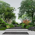 Garden Landscape Design With Diverse Trees Shrubs Stone Path And Rock Features 3d model