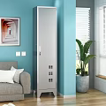 Silver Storage Cabinet In Living Room With Light Blue Wall Gray Sofa And Green Plant
