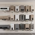 Various Styles And Colors Of Water Heaters As Kitchen Appliances On Display Wall