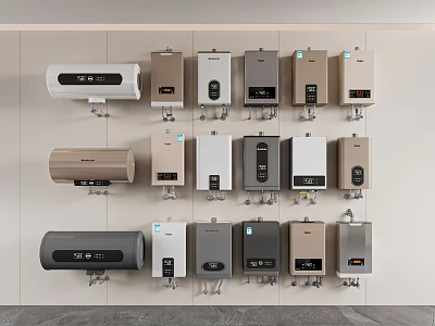 Various Styles And Colors Of Water Heaters As Kitchen Appliances On Display Wall 3d model