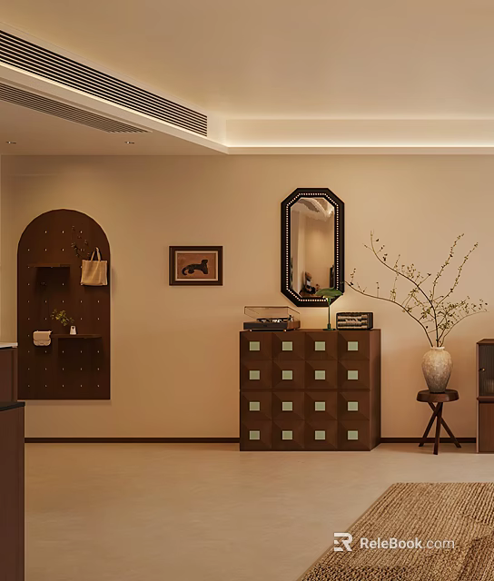 Modern Entryway Interior With Wooden Entryway Cabinet Side Cabinet Decorative Mirror And Branch Vase 3d model 
