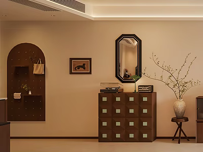 Modern Entryway Interior With Wooden Entryway Cabinet Side Cabinet Decorative Mirror And Branch Vase 3d model