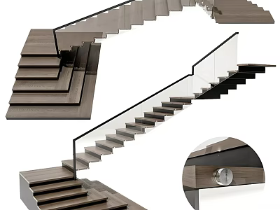 Modern Wooden Staircase With Glass Handrail And Floating Steps Design 3d model