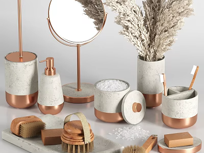 Stylish Copper And White Bathroom Accessories With Mirror Soap Dispenser Brushes And Pampas Grass 3d model