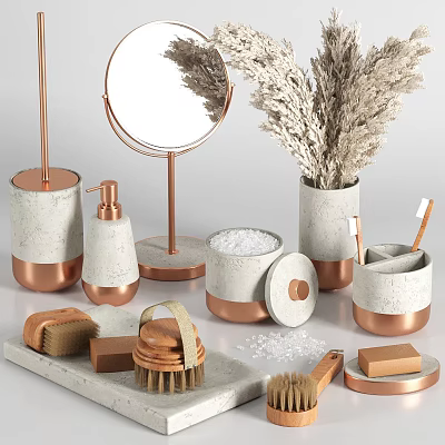 Stylish Copper And White Bathroom Accessories With Mirror Soap Dispenser Brushes And Pampas Grass 3d model