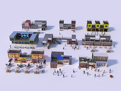 Colorful Container Buildings Form Commercial Complex With Open Public Space Shops And People 3d model