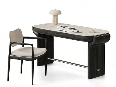 Modern Wooden Desk With Marble Top And Matching Chair Lamp And Notebook 3d model