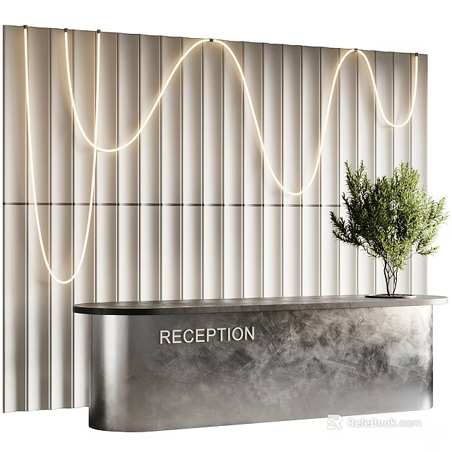 Modern Reception Desk With Wavy LED Light Strips Green Plant And White Vertical Slat Wall 3d model 