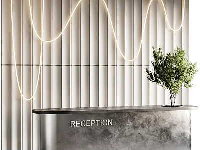 Modern Reception Desk With Wavy LED Light Strips Green Plant And White Vertical Slat Wall 3d model