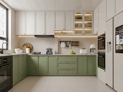 Modern Kitchen Interior Design With White And Green Cabinets White Countertops And Appliances 3d model
