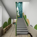 Kindergarten Staircase with Green Railings Decorative Wall and Rocket Motifs
