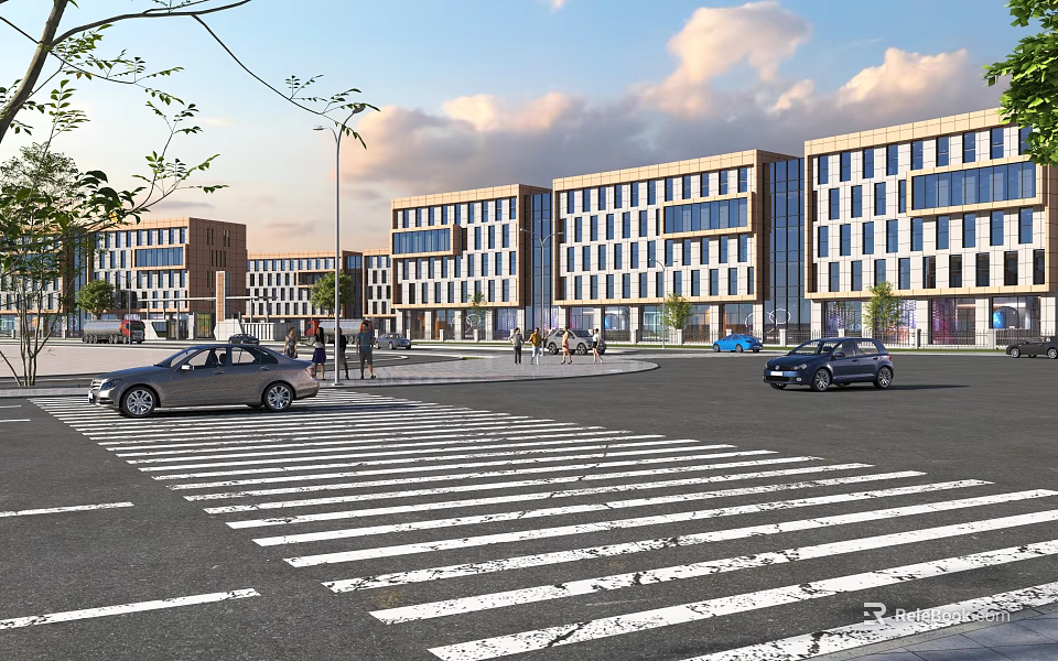 Modern Office Building Exterior With Glass Facades Street View Vehicles And Pedestrians 3d model 