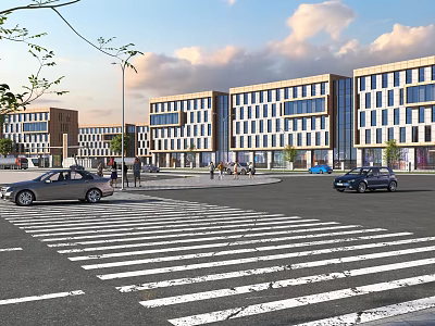 Modern Office Building Exterior With Glass Facades Street View Vehicles And Pedestrians 3d model