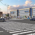 Modern Office Building Exterior With Glass Facades Street View Vehicles And Pedestrians