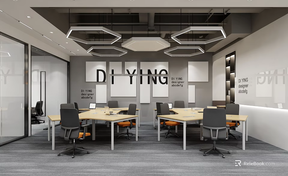 Modern Public Office Space With Hexagonal Pendant Lights Meeting Tables And Wall Slogans 3d model 